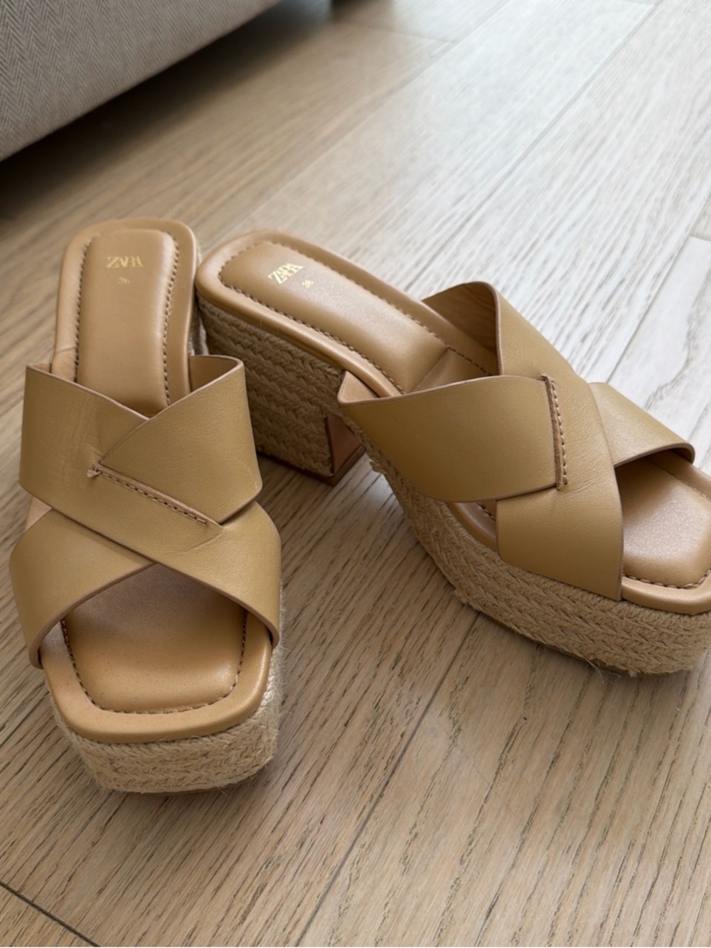 Zara Beige Crossband Espadrille Platform Slides